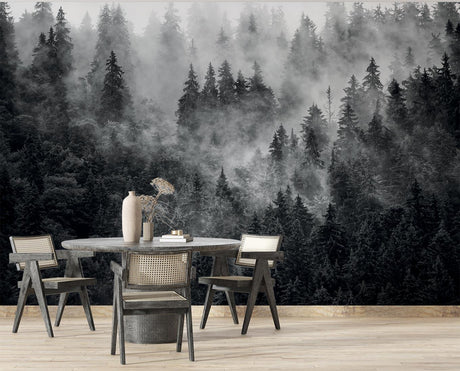 Monochrome Forest Mural Wallpaper creating depth in modern living room with minimalist furniture