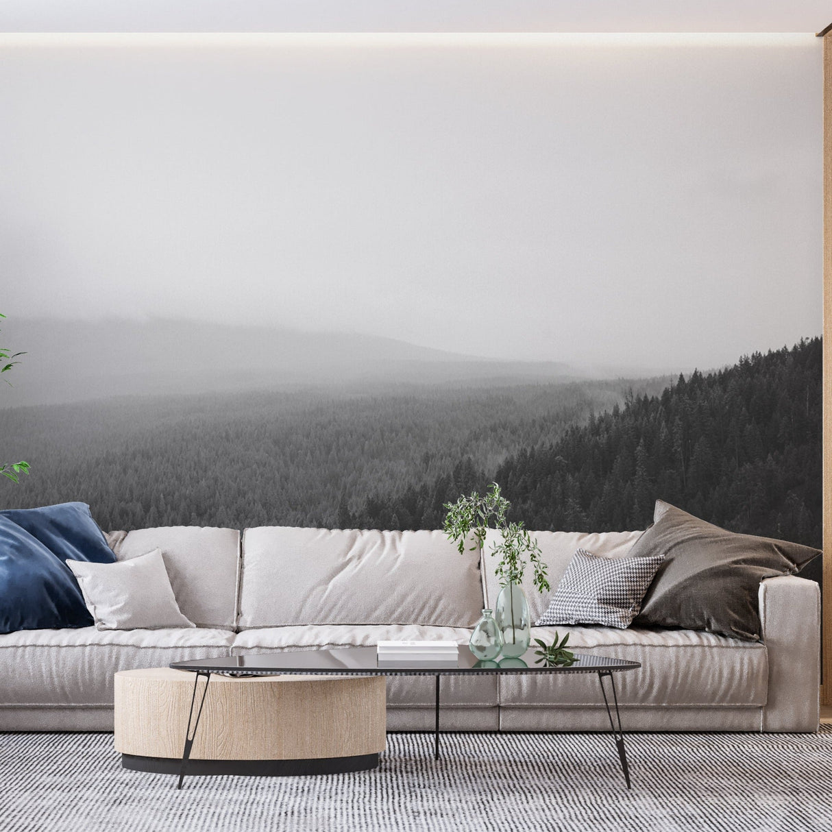 Misty forest wall mural adding dramatic effect to minimalist dining room space