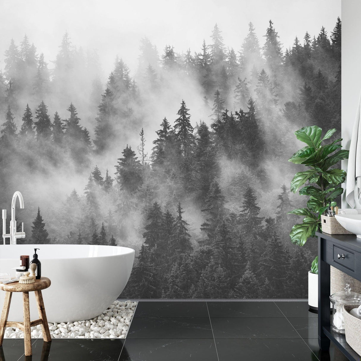 Black and white forest wallpaper creating depth in a minimal Scandinavian living room