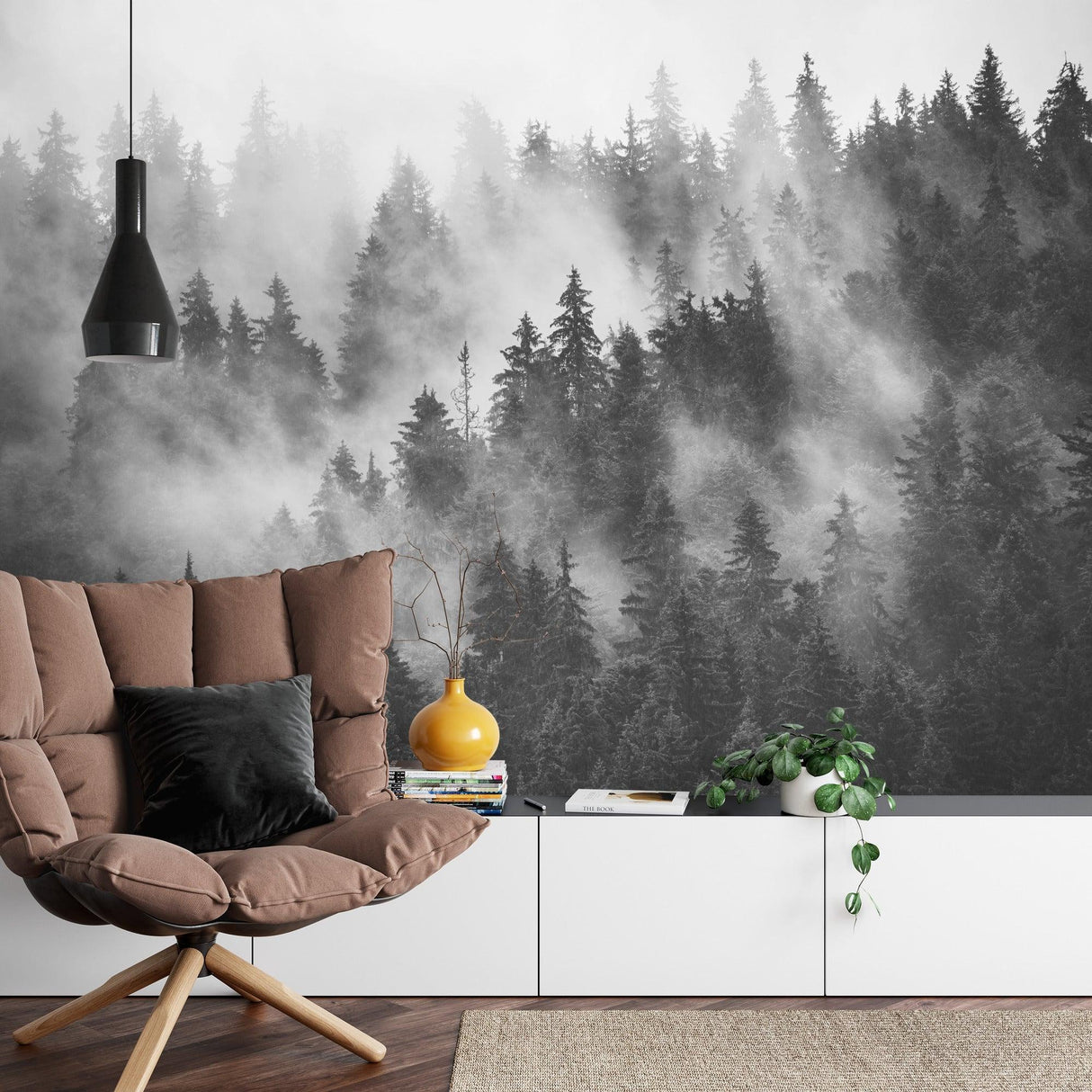 Monochrome pine tree mural adding character to a modern bedroom wall