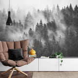 Monochrome pine tree mural adding character to a modern bedroom wall