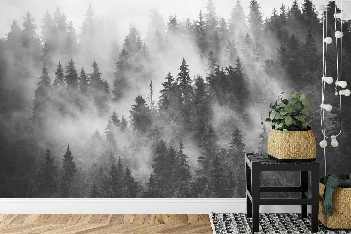 Misty forest wallpaper in black and white making a statement in a home office