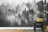 Misty forest wallpaper in black and white making a statement in a home office