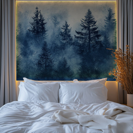 Forest mural wallpaper creating depth in modern living room with blue misty pine trees design
