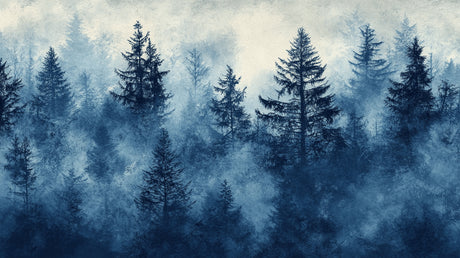 Design file of misty pine trees forest wallpaper showing detailed blue haze effect
