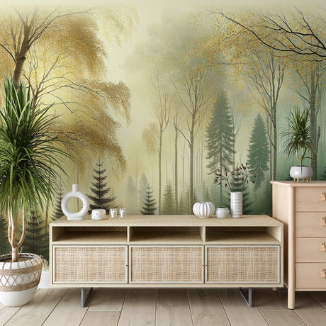 Forest wall mural with golden light in a modern living room, creating depth and warmth in the space