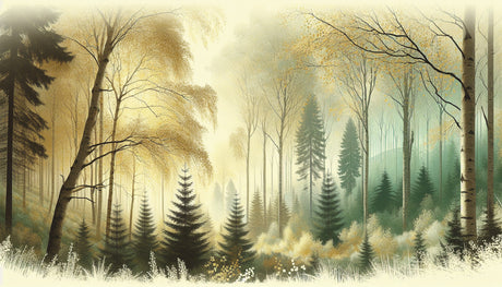 Misty pine trees forest wallpaper design file showing detailed golden light effects and morning mist