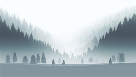 Forest wall mural design file showing detailed pine trees in morning mist