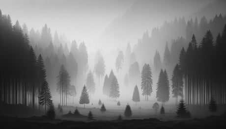 Misty forest wallpaper creating depth in modern living room with gray sofa and minimal decor