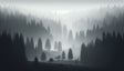 Forest mural wallpaper creating depth in modern living room with morning light filtering through the misty pine trees design