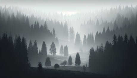 Forest mural wallpaper creating depth in modern living room with morning light filtering through the misty pine trees design