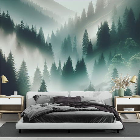 Forest mural wallpaper with misty pine trees creating depth in a modern living room setting