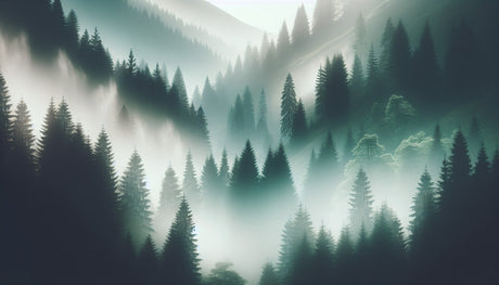 Misty pine trees forest wallpaper design file showing detailed morning fog effect and rich texture