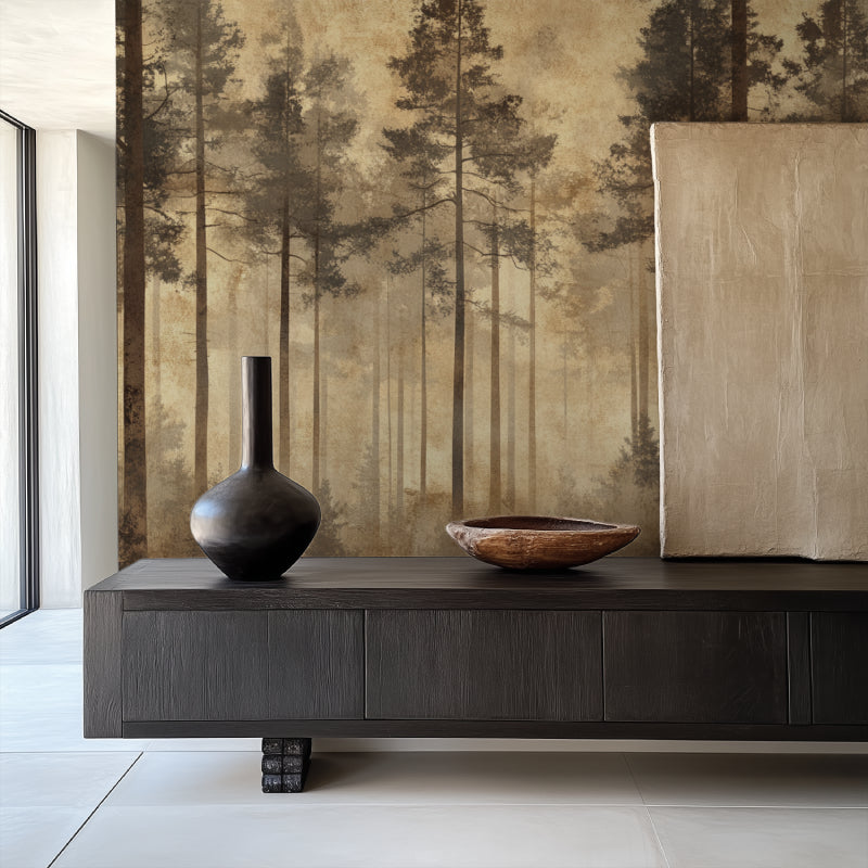 Forest wall mural in modern living room showing misty pine trees in warm sepia tones