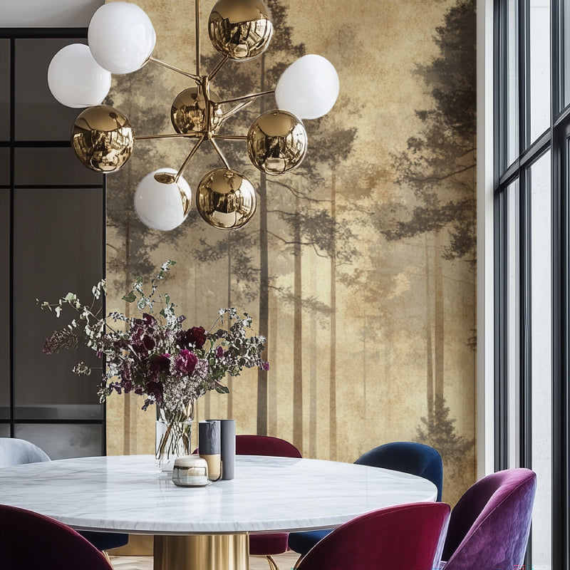 Nature wall mural in dining room showcasing misty forest atmosphere
