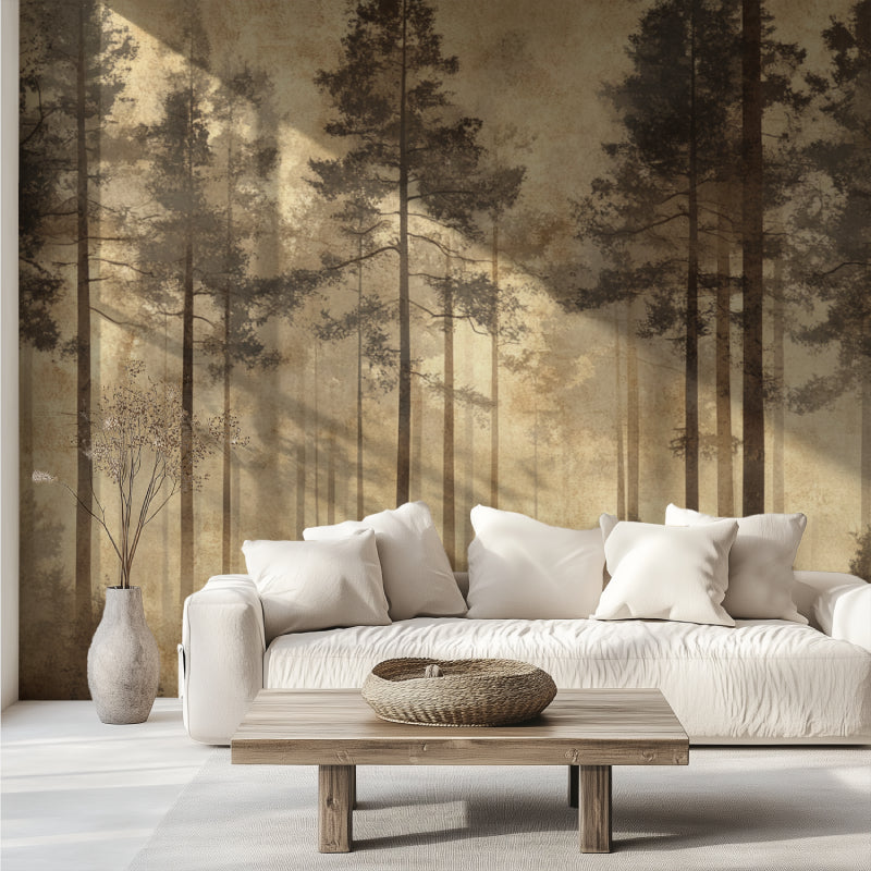 Sepia forest wallpaper adding warmth to home office space
