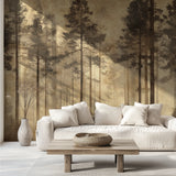 Sepia forest wallpaper adding warmth to home office space