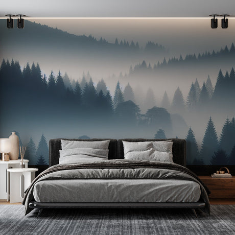 Misty forest wallpaper creating depth in a modern living room, pine trees emerging through gentle fog
