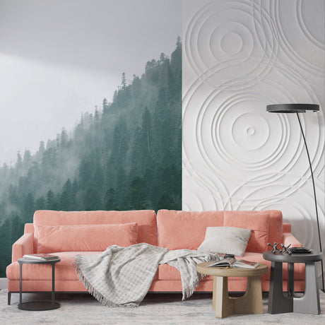 Forest mural wallpaper creating depth in modern living room with gray sofa and natural light