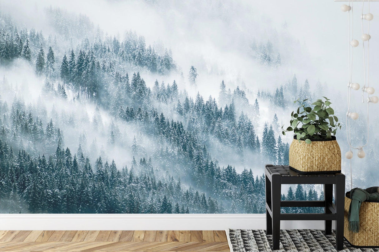 Pine forest wall mural in minimalist dining room with natural decor