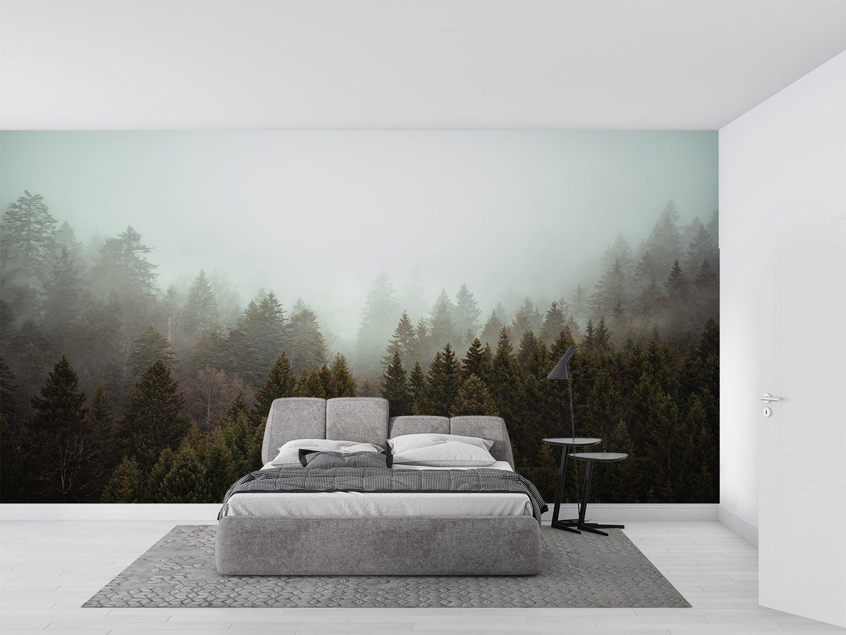 Forest landscape wallpaper creating depth in modern living room with grey sofa and natural light