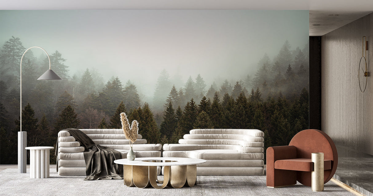 Misty pine forest mural in cozy bedroom setting with minimal furniture