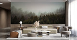 Pine forest wallpaper adding serenity to meditation room with bamboo flooring