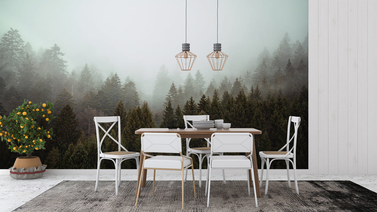 Forest mural creating depth in home office with natural wooden desk