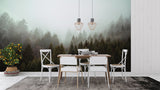 Forest mural creating depth in home office with natural wooden desk