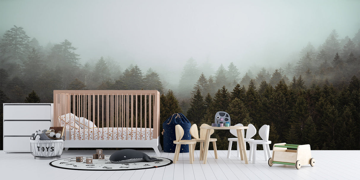 Misty forest wallpaper in dining room with pendant lighting and plants