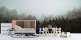 Misty forest wallpaper in dining room with pendant lighting and plants