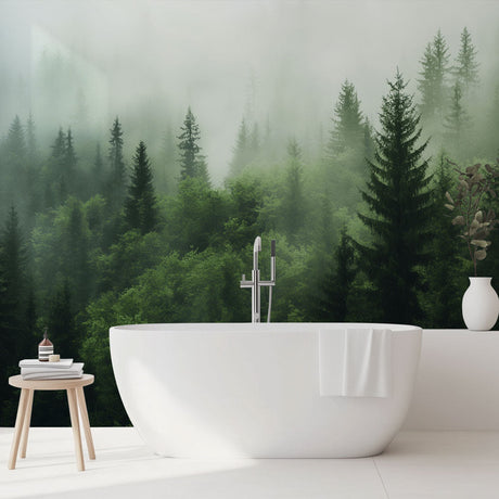Misty forest wallpaper creating depth in a modern living room, natural light enhancing the atmospheric pine tree scene