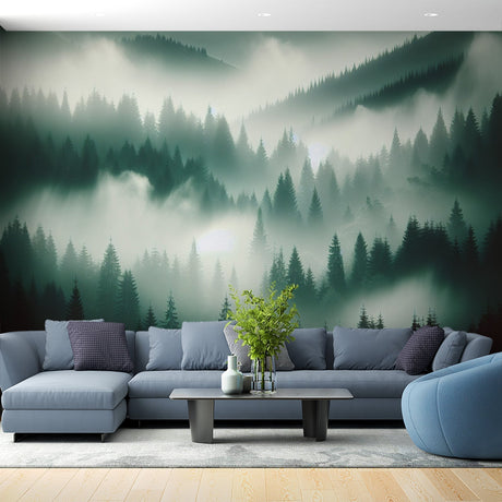 Misty forest wallpaper creating depth in a modern living room, pine trees emerging through gentle morning fog