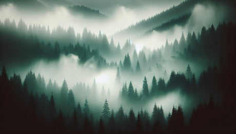 Misty pine trees forest wallpaper design file showing detailed fog and mountain landscape pattern