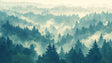 Forest landscape wallpaper creating depth in modern living room with natural light highlighting misty pine trees