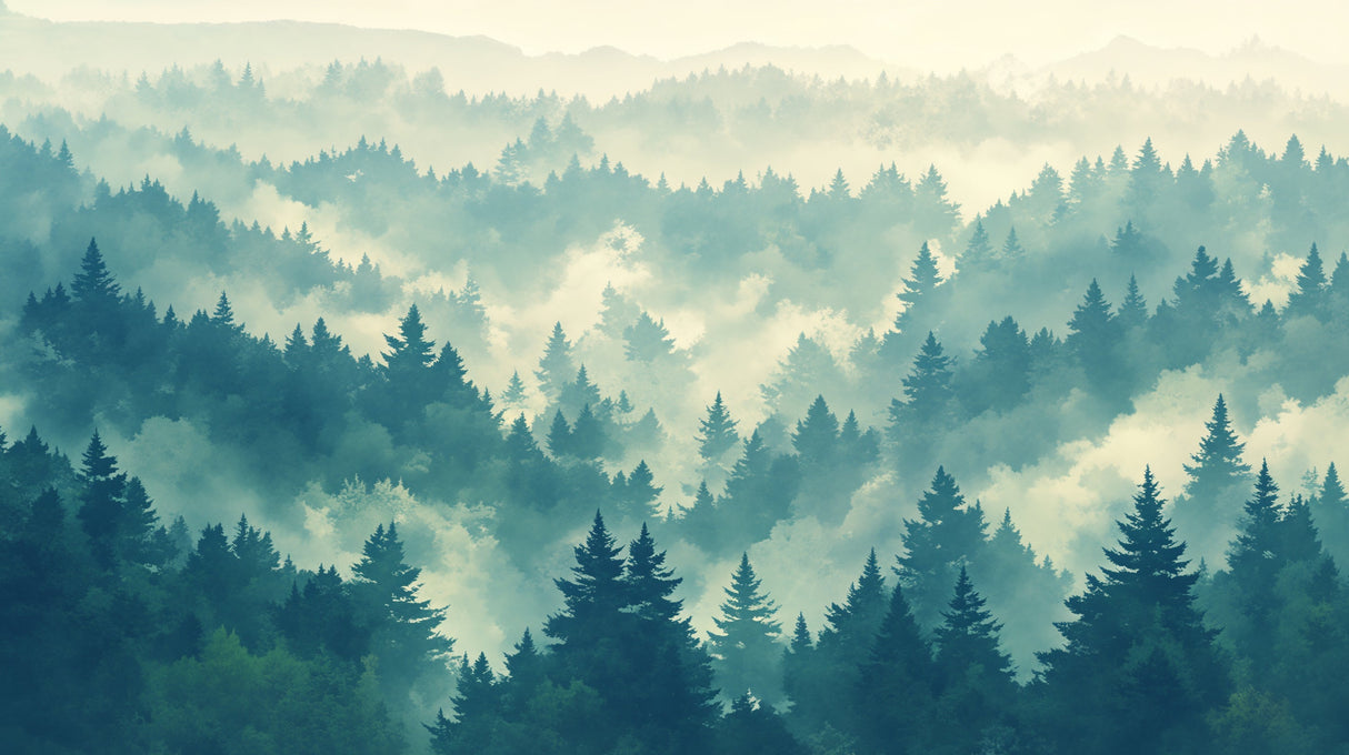 Forest landscape wallpaper creating depth in modern living room with natural light highlighting misty pine trees