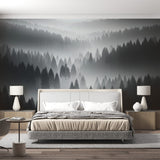Forest mural wallpaper creating depth in modern living room with grey sofa and natural light