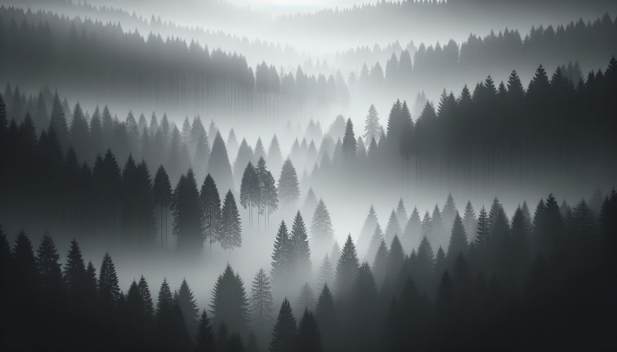 Misty pine trees wallpaper in minimalist bedroom setting with wooden furniture