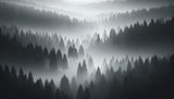 Misty pine trees wallpaper in minimalist bedroom setting with wooden furniture