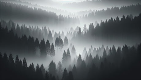 Misty pine trees wallpaper in minimalist bedroom setting with wooden furniture