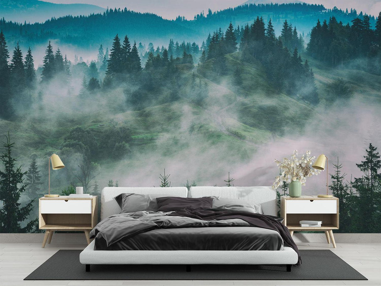 Forest wall mural creating depth in modern living room with gray sofa and natural light