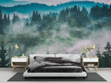 Forest wall mural creating depth in modern living room with gray sofa and natural light