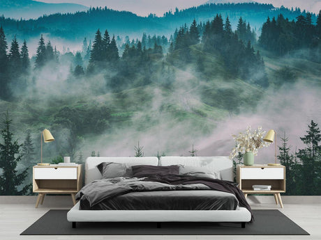 Forest wall mural creating depth in modern living room with gray sofa and natural light