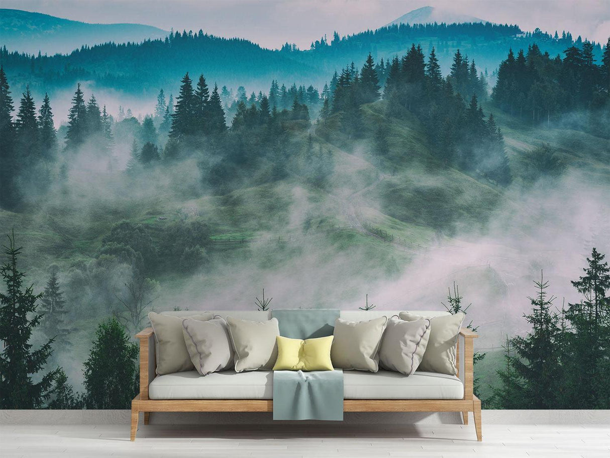 Misty pine forest wallpaper in cozy bedroom setting with wooden furniture