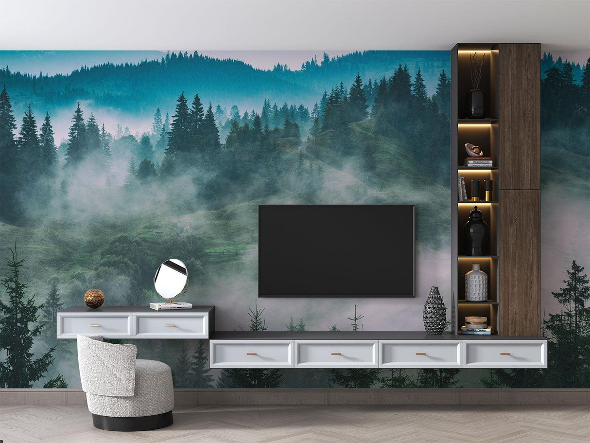 Mountain forest mural adding natural feel to home office space