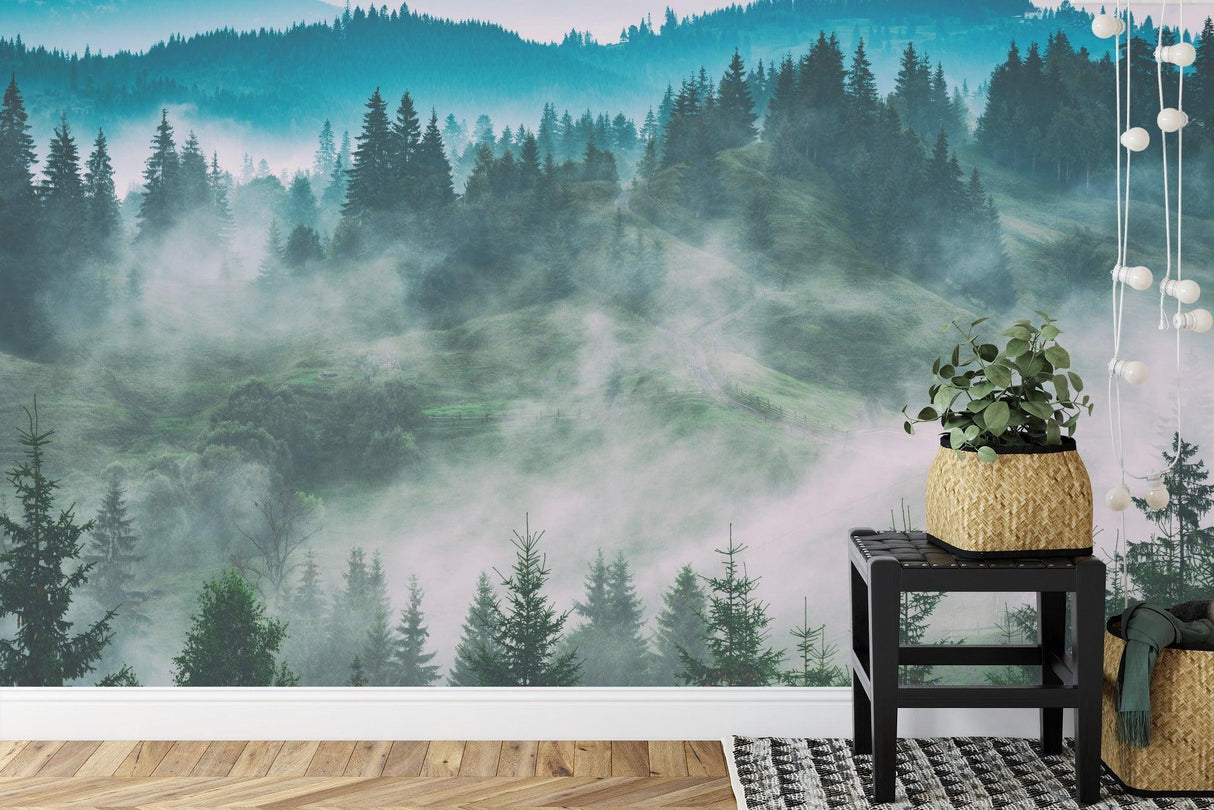 Pine tree wallpaper creating calm atmosphere in dining room
