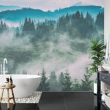 Forest landscape mural in meditation room with morning light