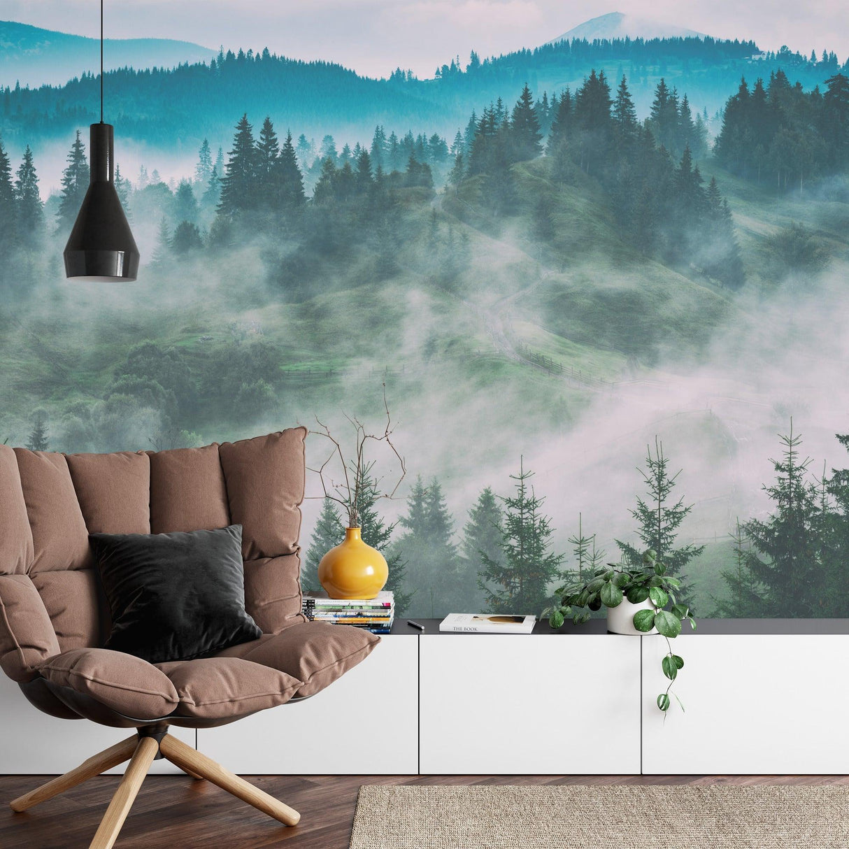Misty forest wall mural making small room feel spacious