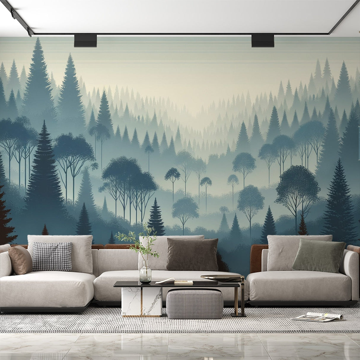 Forest mural wallpaper creating depth in modern living room with grey sofa