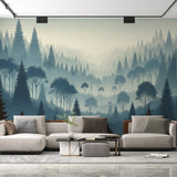 Forest mural wallpaper creating depth in modern living room with grey sofa